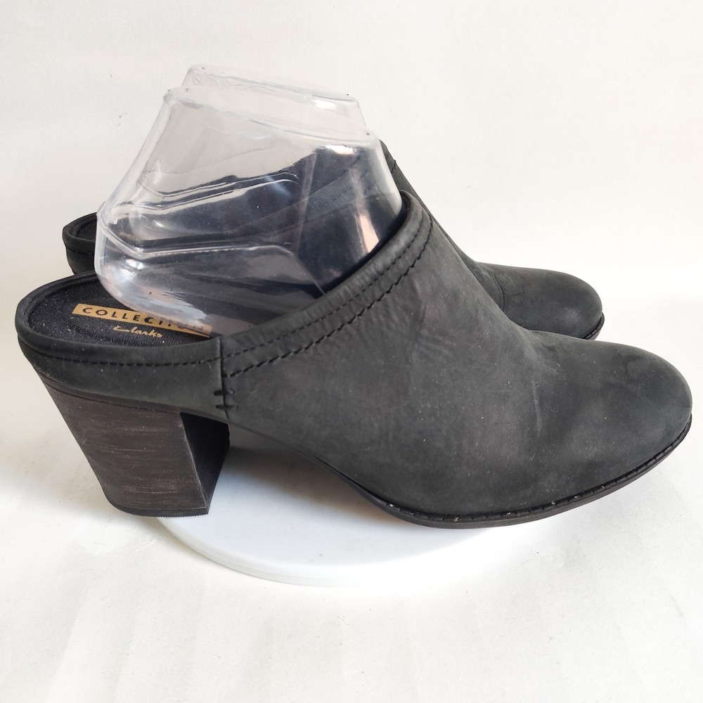 Clarks Mules Size 11 Womens Sandy Block Heel Black Leather Slip On Shoes Enfield